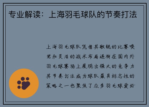 专业解读:上海羽毛球队的节奏打法